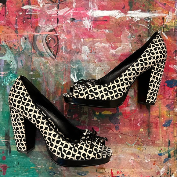 Coach Shoes - Black & White “Corey” Coach Logo Block Heels - Women’s size 8.5